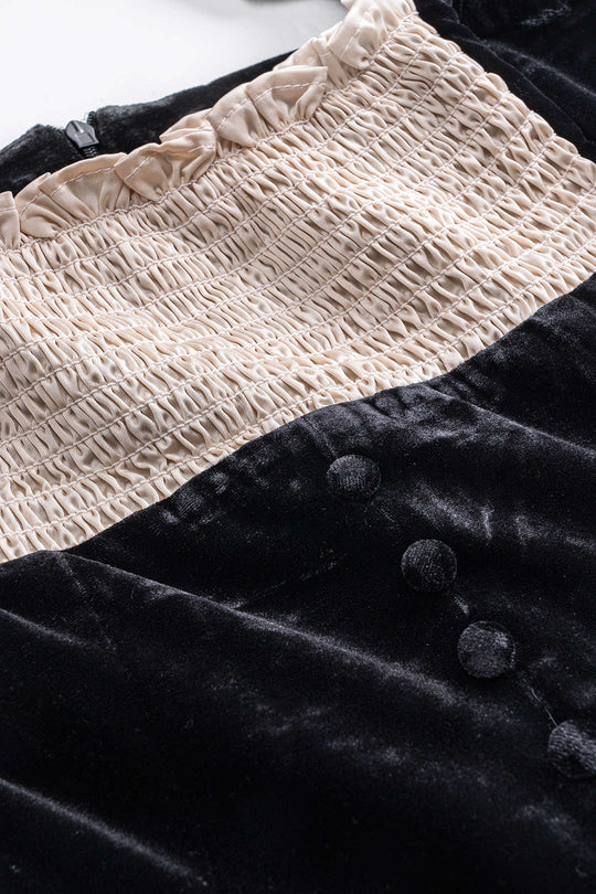 Velvet Patchwork Knop Rits Lange Mouw Mini Jurk