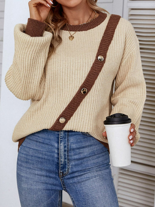 Dames Trui | Contrast Knop Detail | Ribgebreide Lange Pasvorm met Lantaarnmouwen
