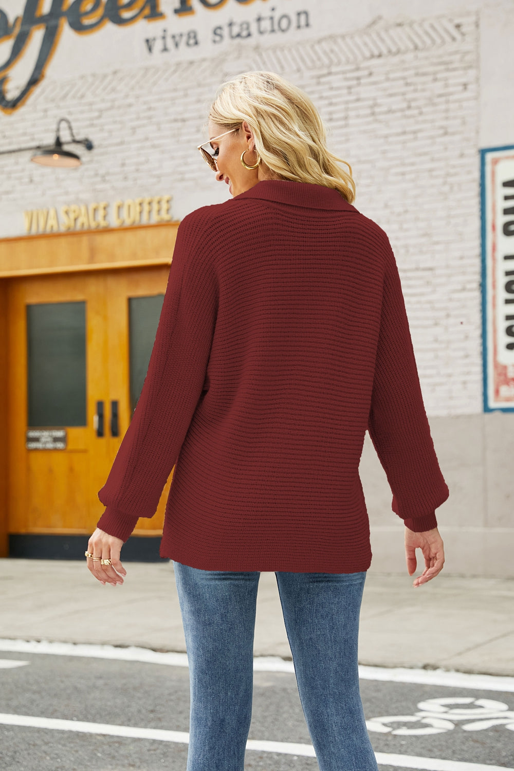 Horizontale Ribbel Johnny Kraag Trui | Lantaarnmouwen | Regular Fit