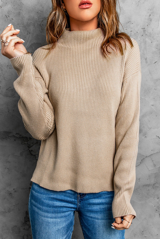 Ribgebreide Split Schoudertrui | High-Low Design | Casual Trui met Lange Mouwen