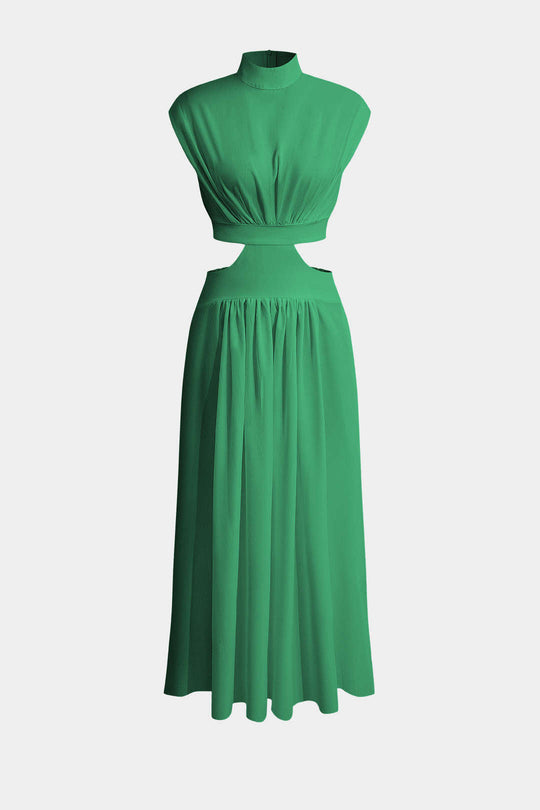 Mock Neck Cut Out Plissé Maxi Jurk