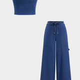 Denim Tube Top En Ruched Tie Front Pocket Wide Leg Jeans Set