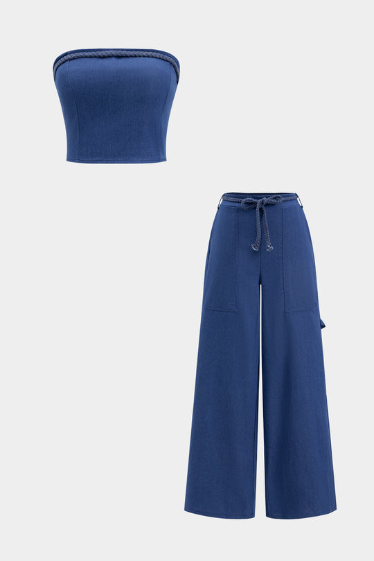 Denim Tube Top En Ruched Tie Front Pocket Wide Leg Jeans Set
