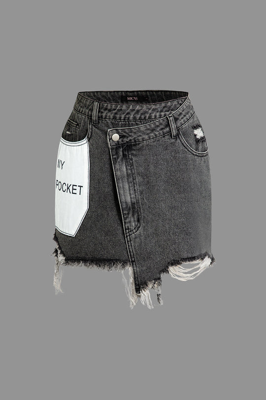 Brief Print Versleten Hem Denim Rok