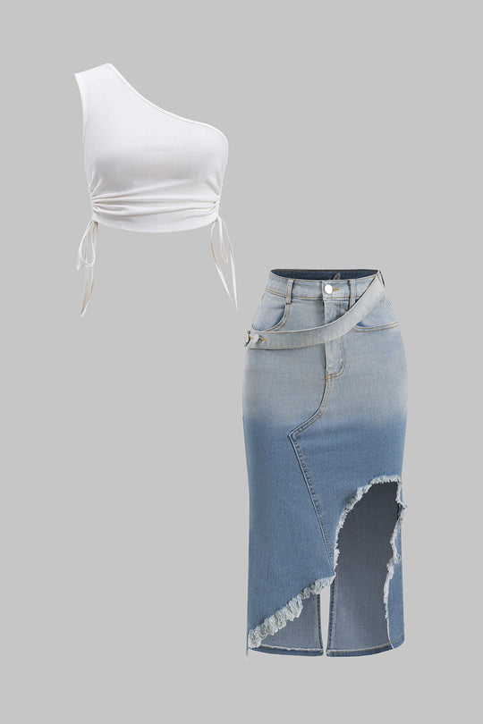 Gerimpelde One Shoulder Asymmetrische Touwtop en Denim Gewassen Knopzak Splitrok Set