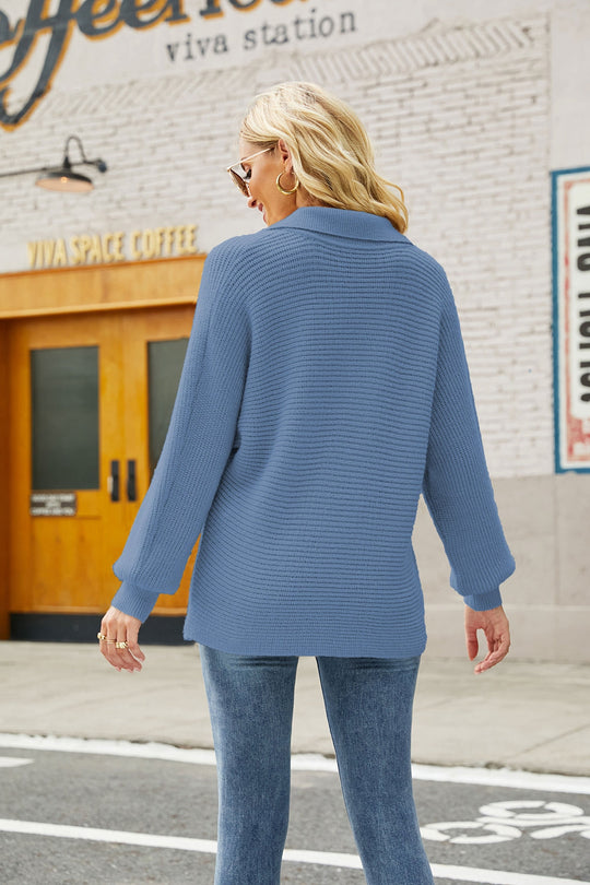 Horizontale Ribbel Johnny Kraag Trui | Lantaarnmouwen | Regular Fit