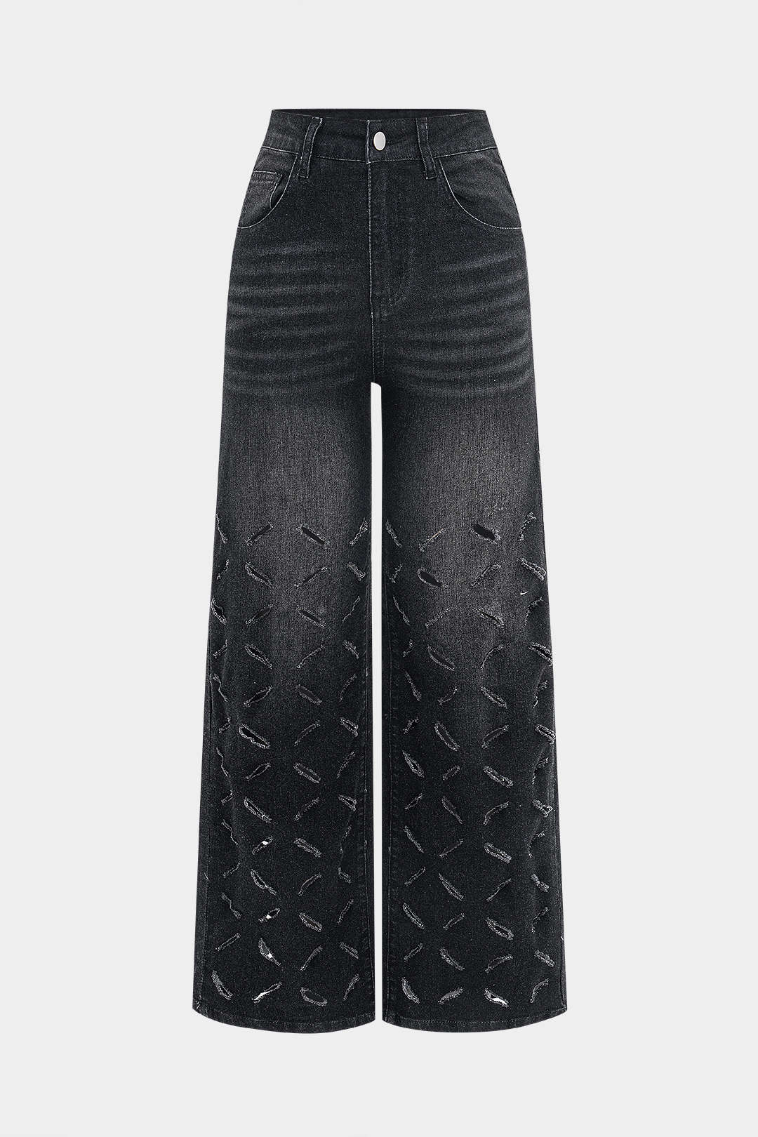 Gescheurde Cut Out Knop Pocket Wijde Pijpen Jeans