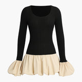 Puff Sleeve Patchwork Lange Mouw Mini Jurk