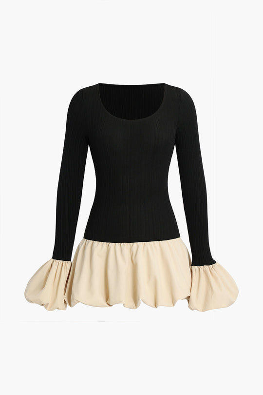 Puff Sleeve Patchwork Lange Mouw Mini Jurk
