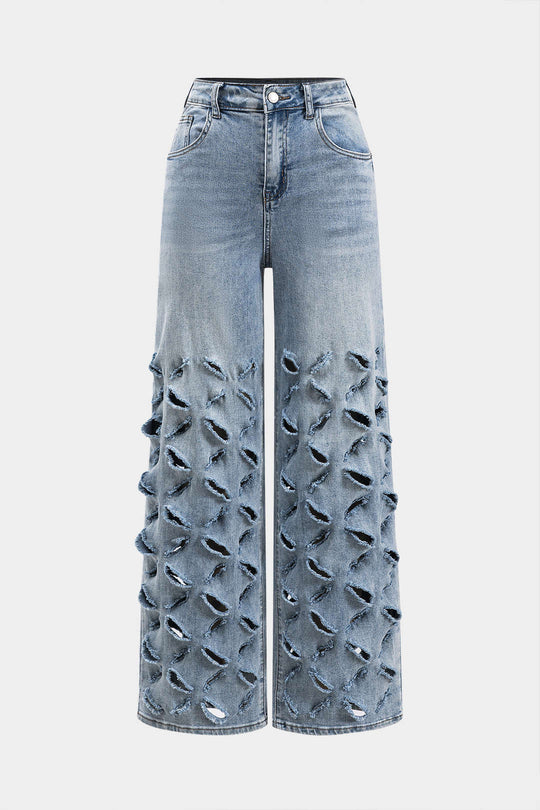 Gescheurde Cut Out Knop Pocket Wijde Pijpen Jeans
