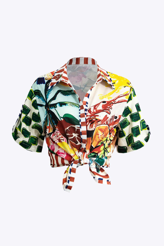 Saffraan - Opvallende Tropische Print Dames Crop Shirt