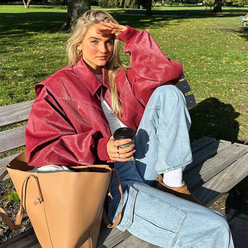 Dames Oversized Bomberjack | PU Leer met Contrasterende Stiksels | Jas met Rits en Voering