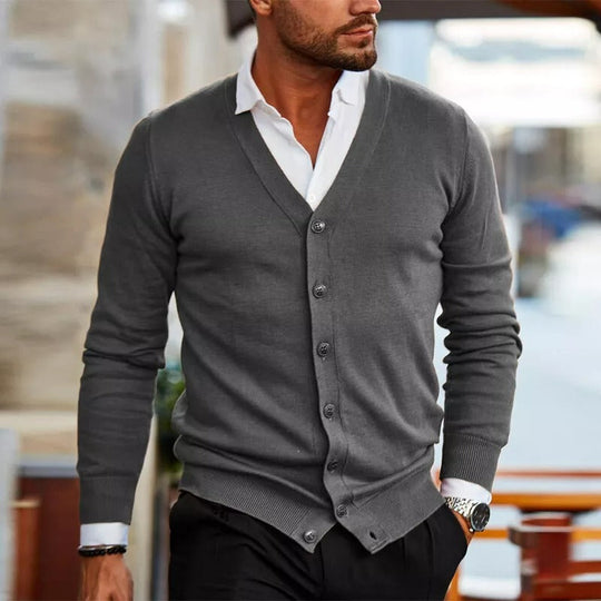 Heren Slim Fit V-Hals Cardigan met Knopen en Geribbelde Zoom