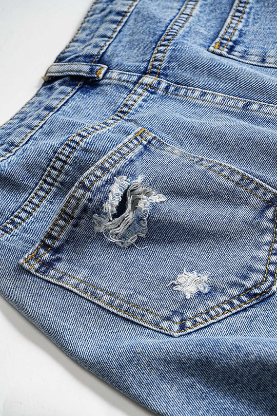 Denim Asymmetrische Gescheurde Knopzak Shorts