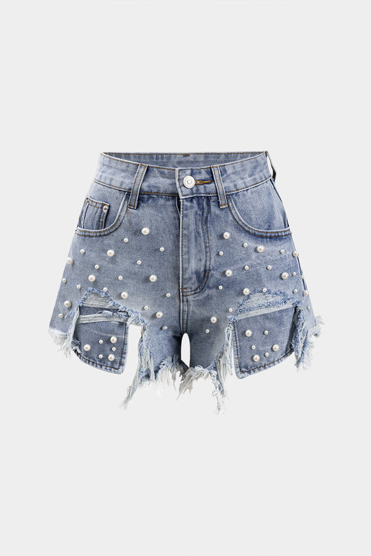 Denim Hoge Taille Bead Shorts