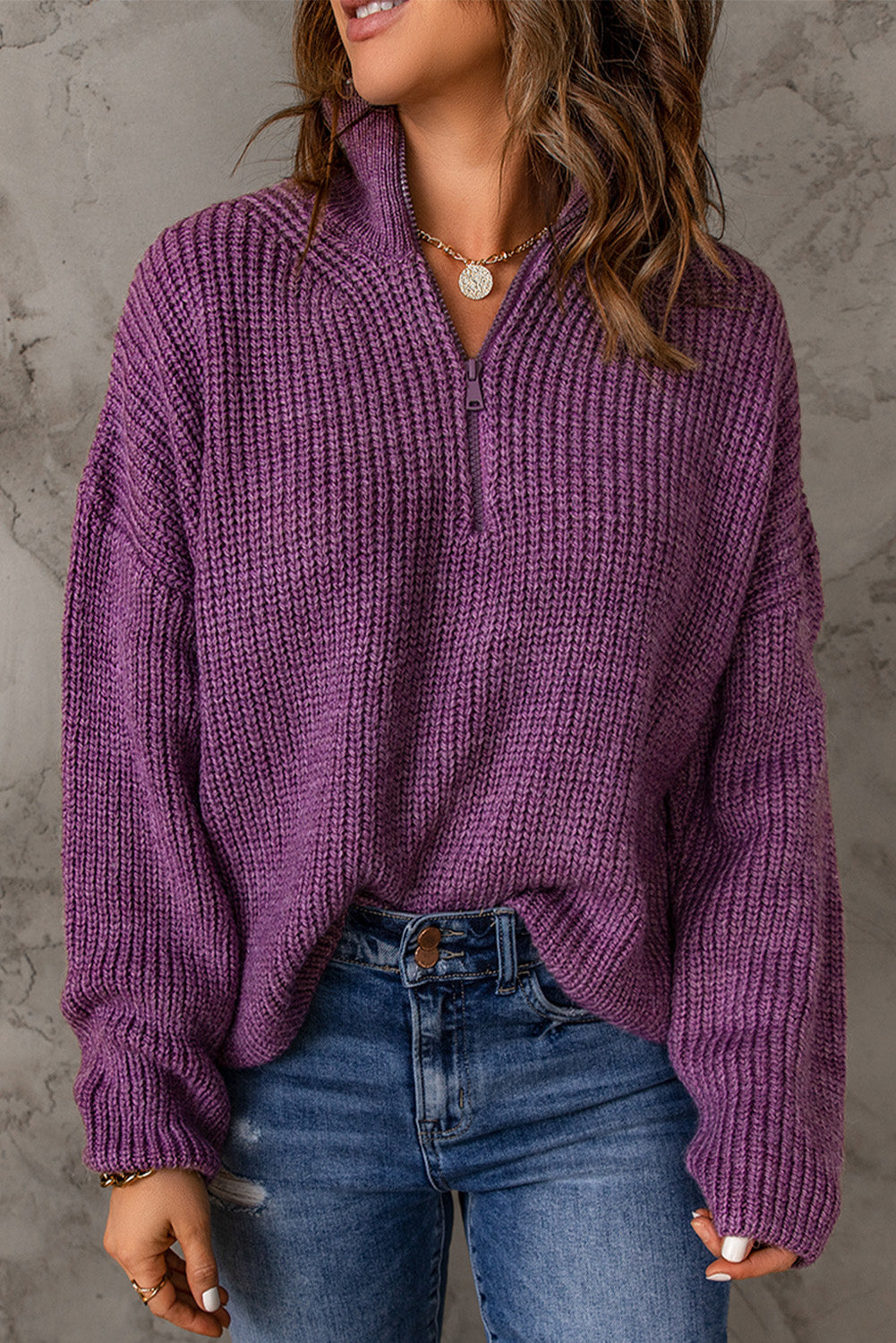 Dames Half Zip Rib-Knit Trui | Verlaagde Schouder | Hoge Hals