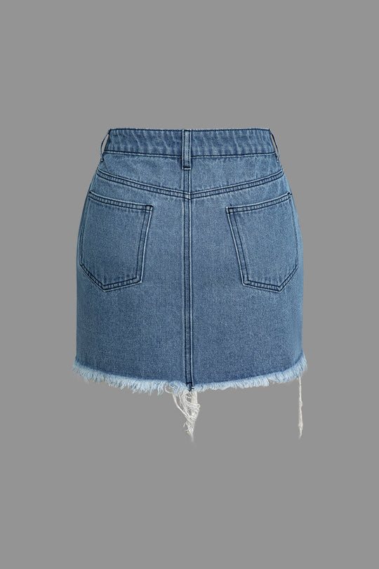 Brief Print Versleten Hem Denim Rok