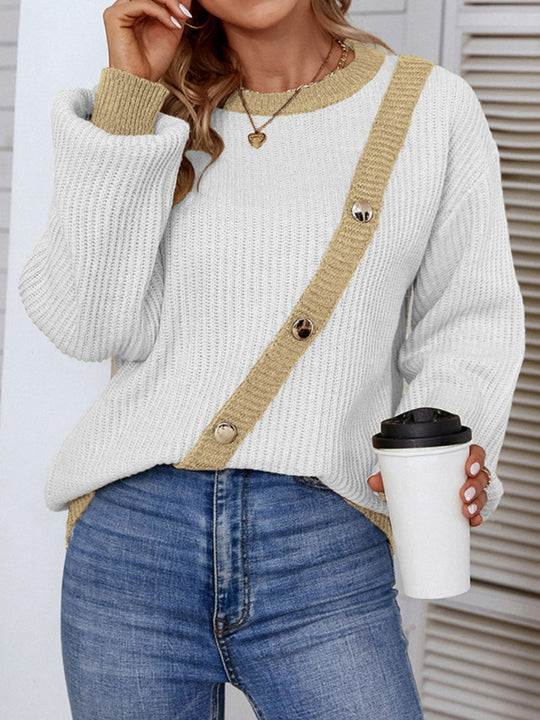 Dames Trui | Contrast Knop Detail | Ribgebreide Lange Pasvorm met Lantaarnmouwen