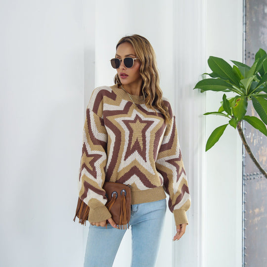 Ster Vallen Schouder Trui | Geribbelde Ronde Hals | Casual & Chic Lange Mouwen