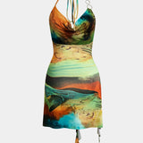 Abstracte Print Halter Cowl Neck Split Mini Jurk