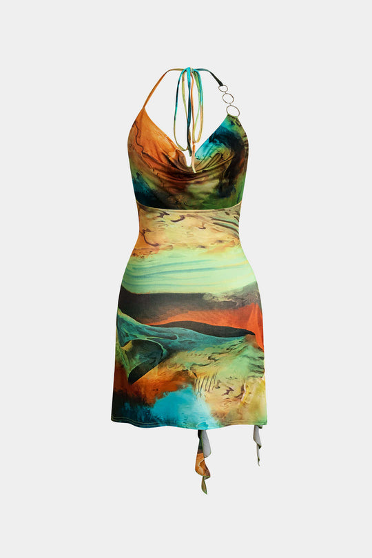 Abstracte Print Halter Cowl Neck Split Mini Jurk