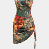 Aquarel Print Satijnen Rimpel Drawstring Slip Mini Jurk