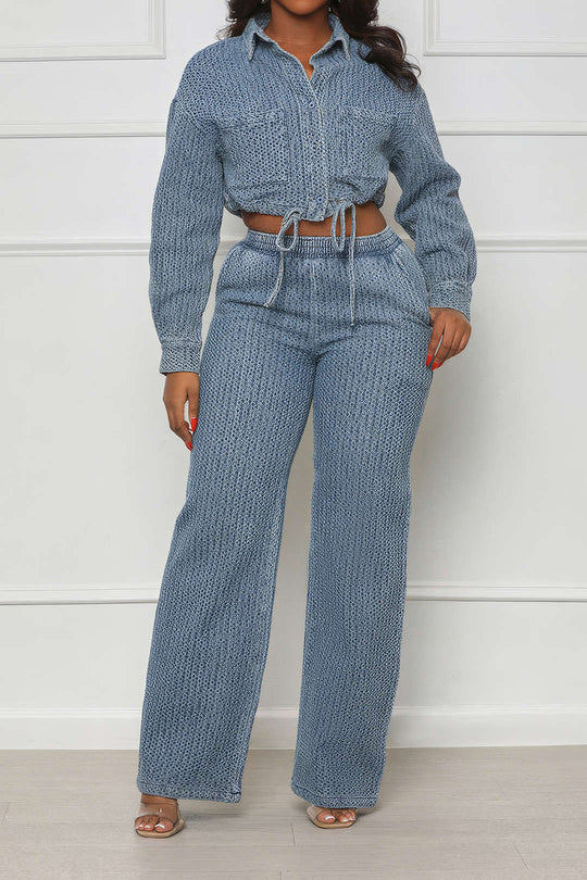 Denim Lange Mouwen Trekkoord Top En Jeans Set