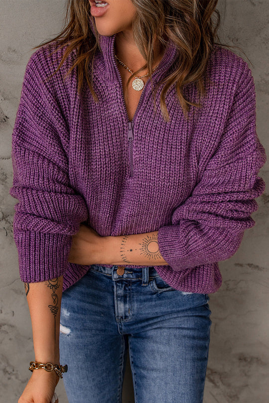 Dames Half Zip Rib-Knit Trui | Verlaagde Schouder | Hoge Hals