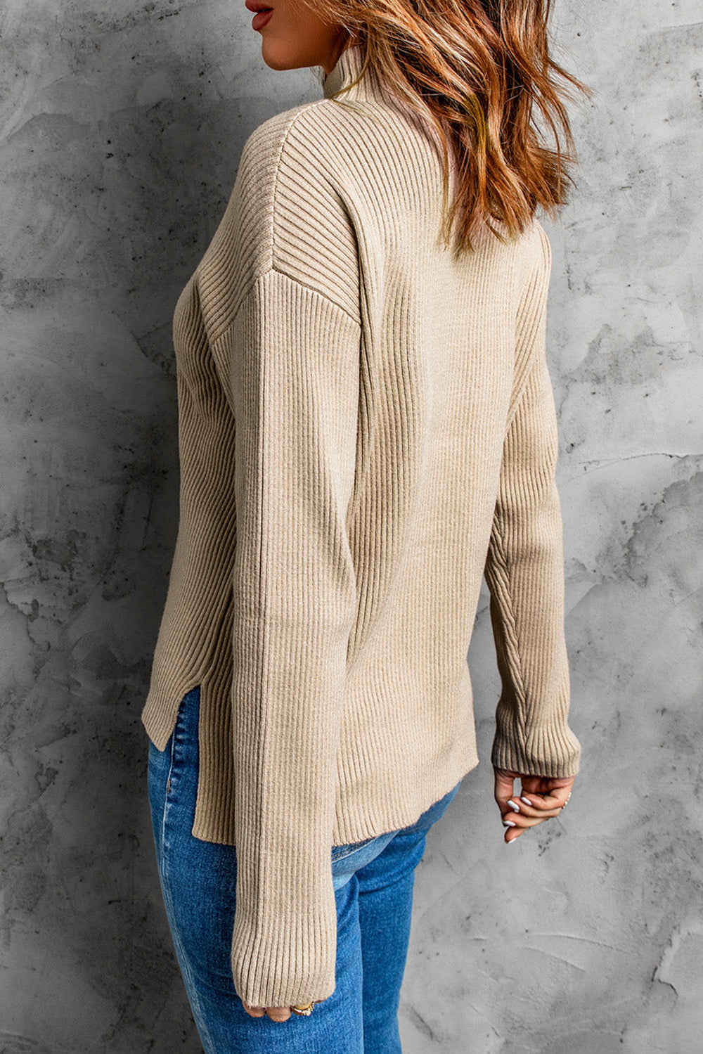 Ribgebreide Split Schoudertrui | High-Low Design | Casual Trui met Lange Mouwen