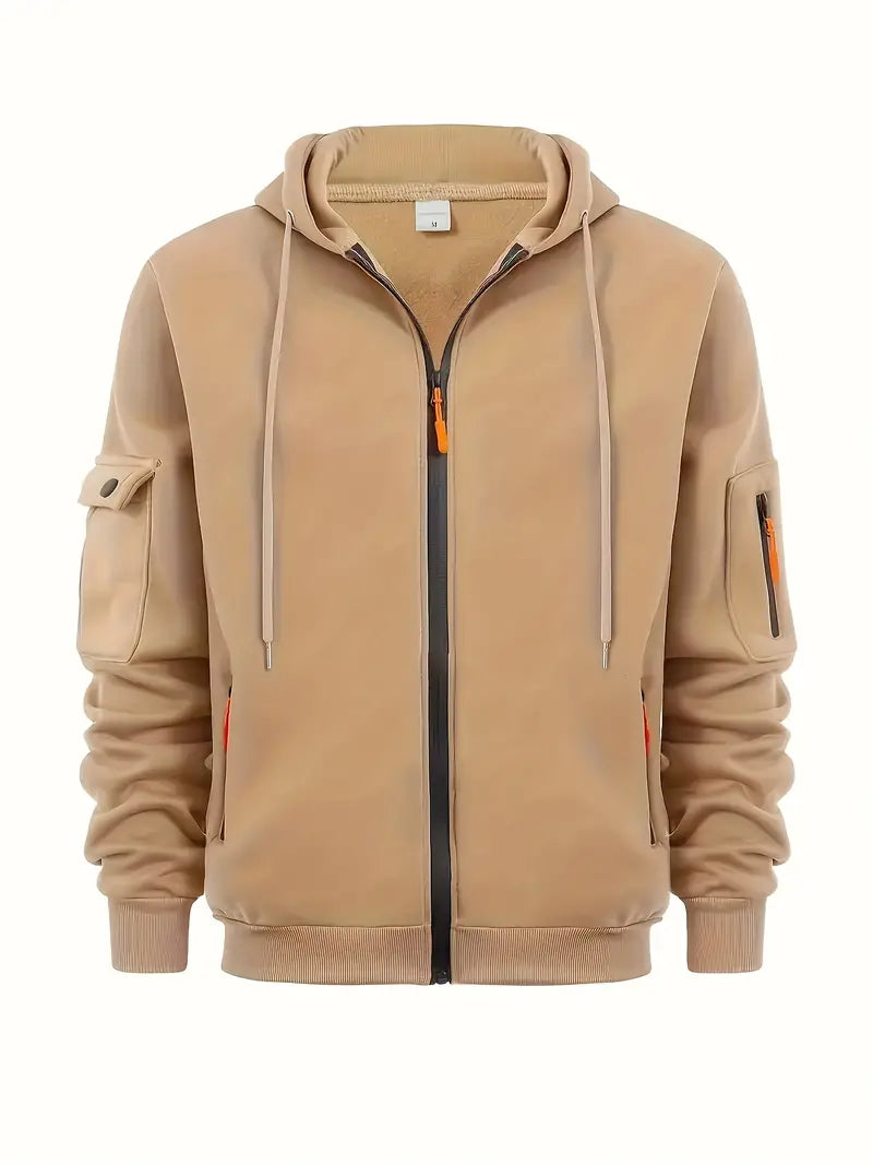 Heren Zip-Up Hoodie met Utility Pockets en Trekkoord Kap