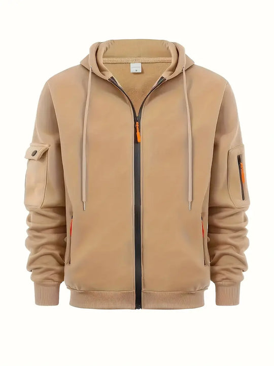 Heren Zip-Up Hoodie met Utility Pockets en Trekkoord Kap
