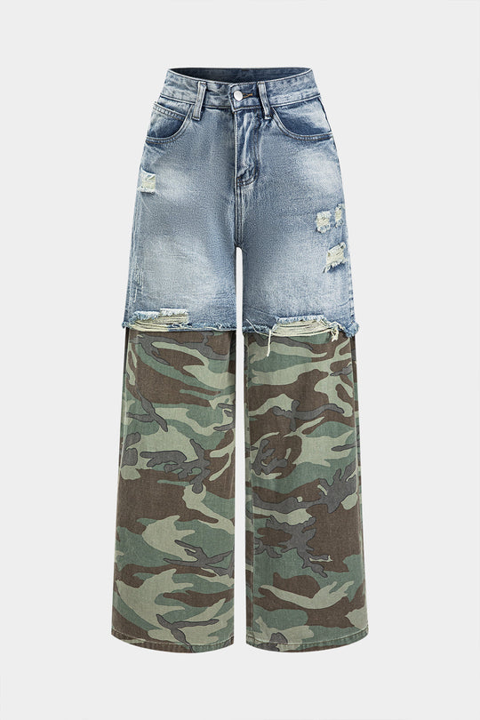Camo Print Denim Patchwork Knopzak Jeans