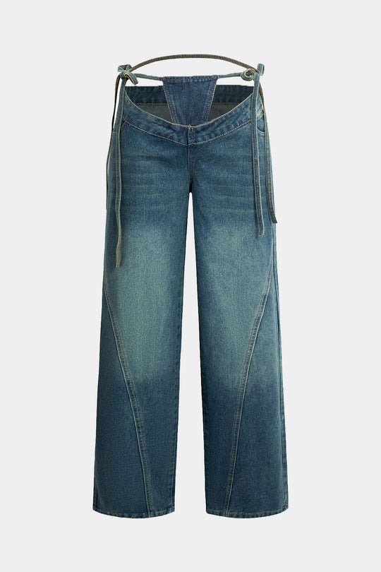 Denim Cut Out Gewassen Tie-Up Jeans