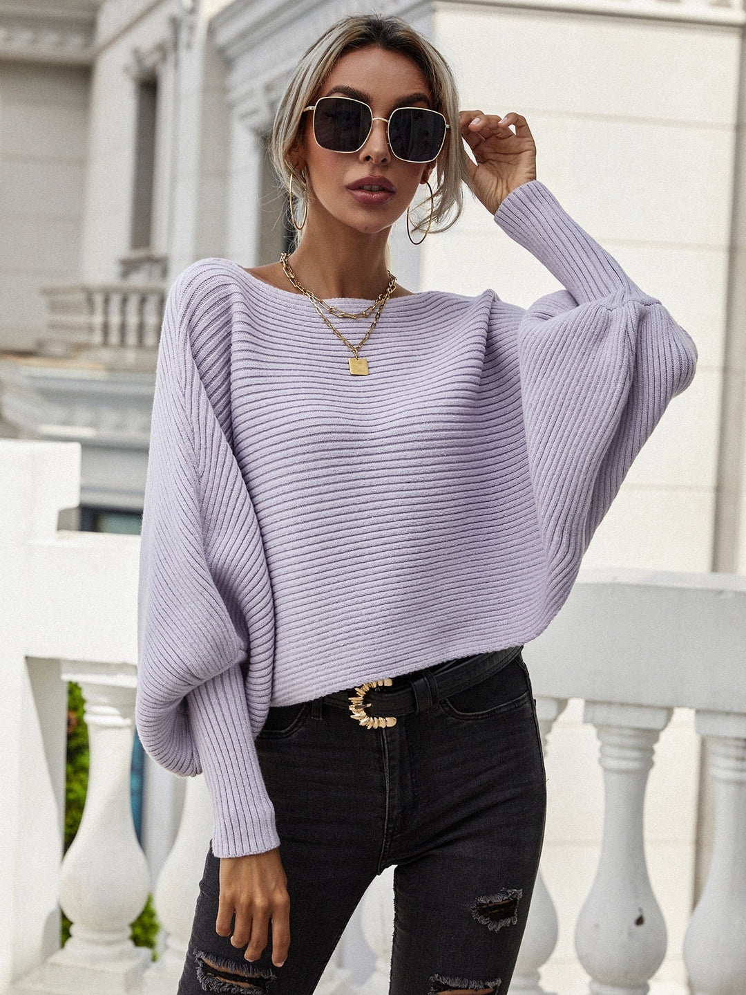 Horizontaal Geribde Dolman Mouw Trui | Elegant & Comfortabel