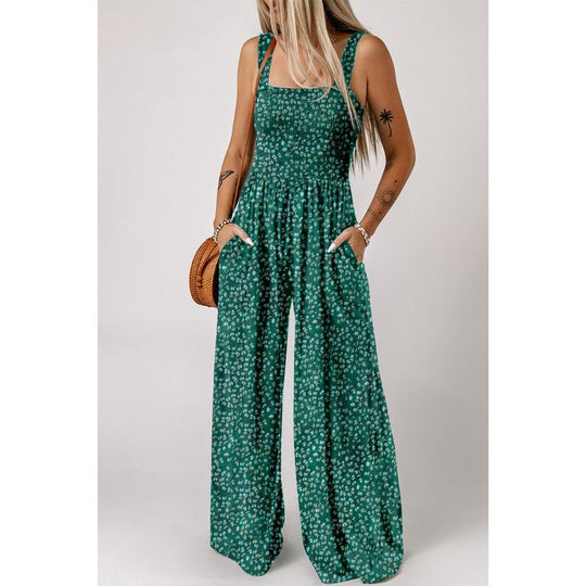 Dames Bloemen Wide-Leg Jumpsuit met Gerimpelde Bovenkant en Zakken
