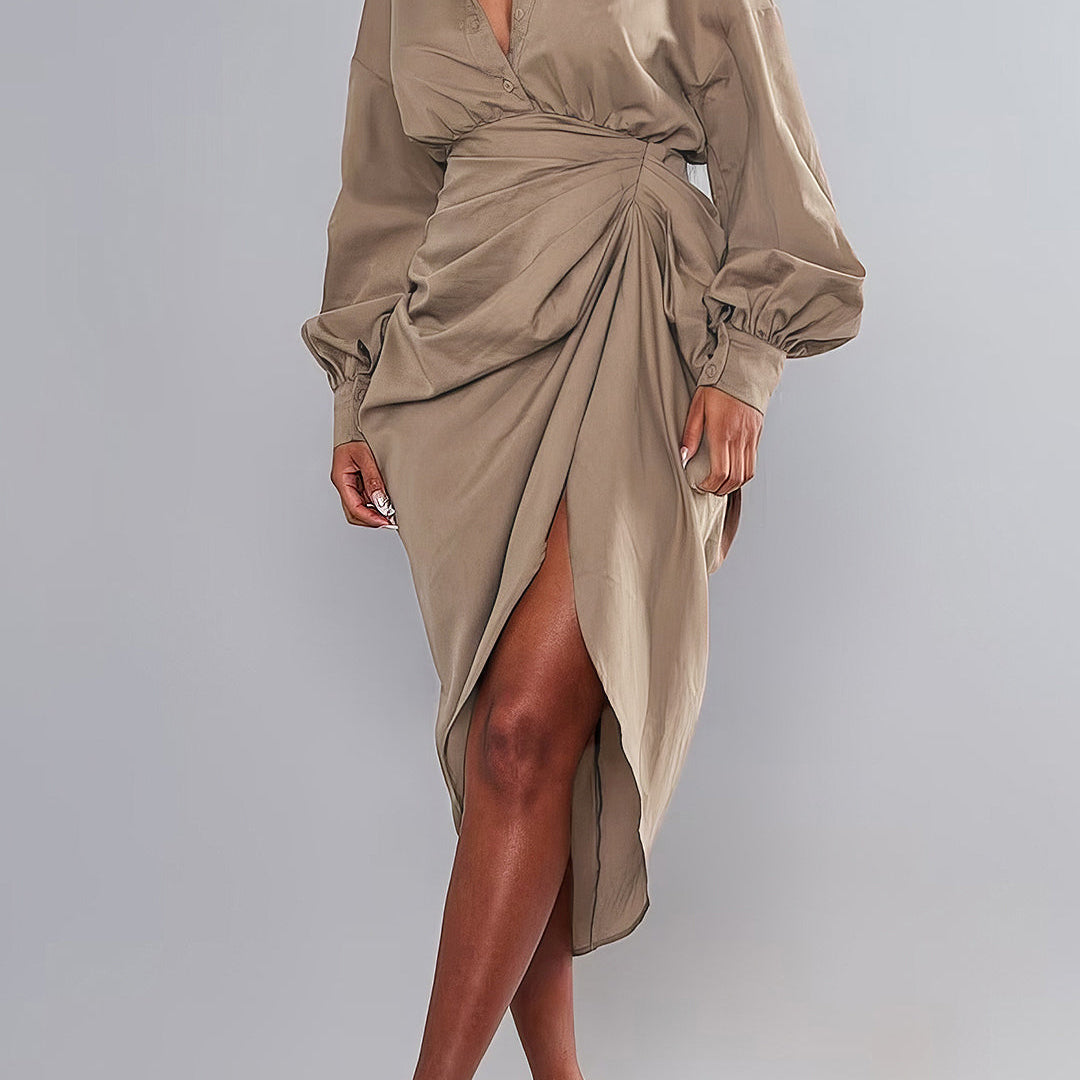 V-hals Rimpel Split Midi Jurk