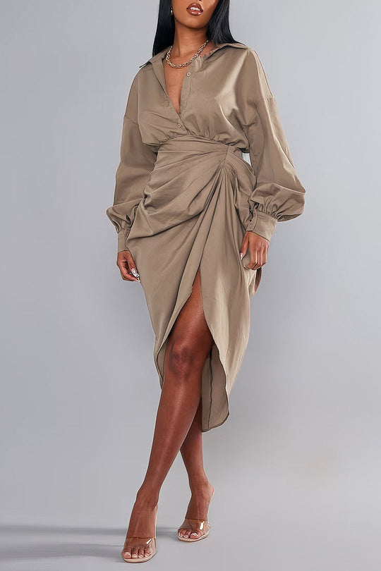 V-hals Rimpel Split Midi Jurk