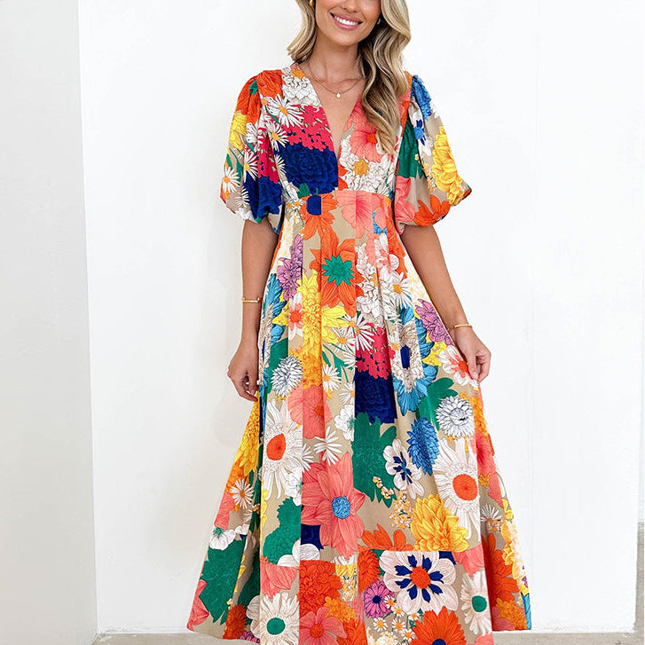 Bloom Elegance – Midi Jurk met Abstracte Bloemenprint