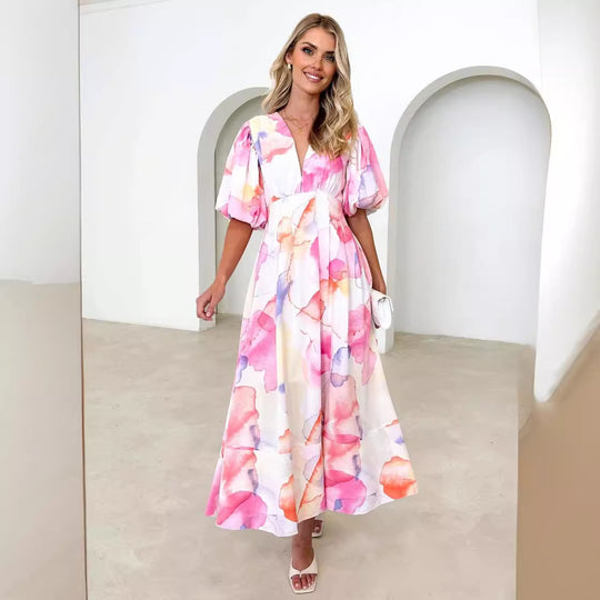 Bloom Elegance – Midi Jurk met Abstracte Bloemenprint