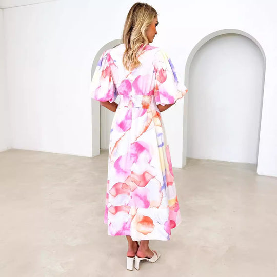 Bloom Elegance – Midi Jurk met Abstracte Bloemenprint