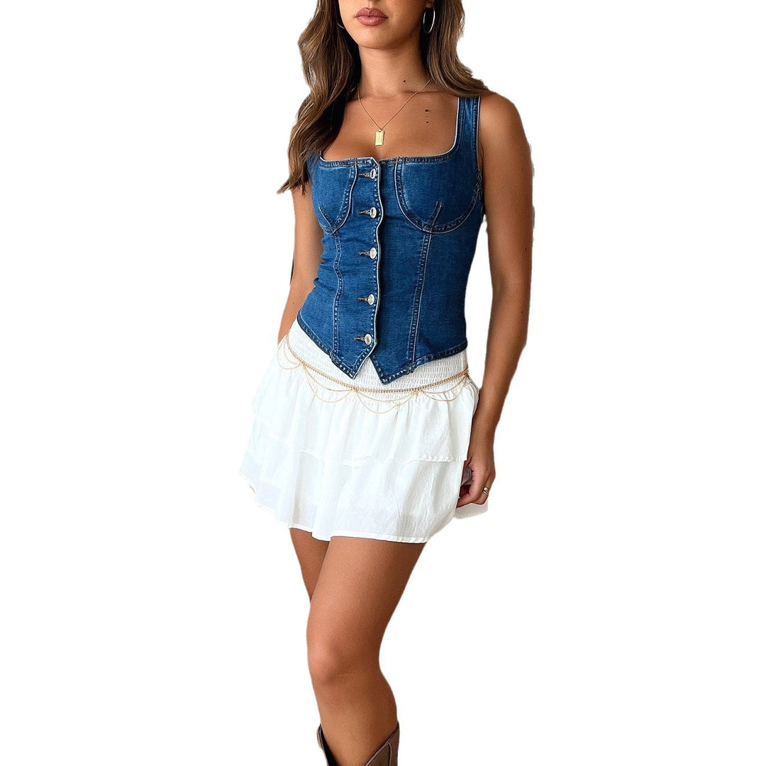 Denim Knopen Bustier Vierkante Hals Crop Top