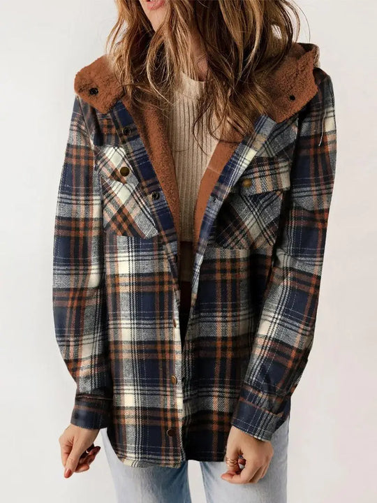Dames Geruite Winterjas | Met Gevoerde Kap en Knoopsluiting | Warme Casual Winterjas