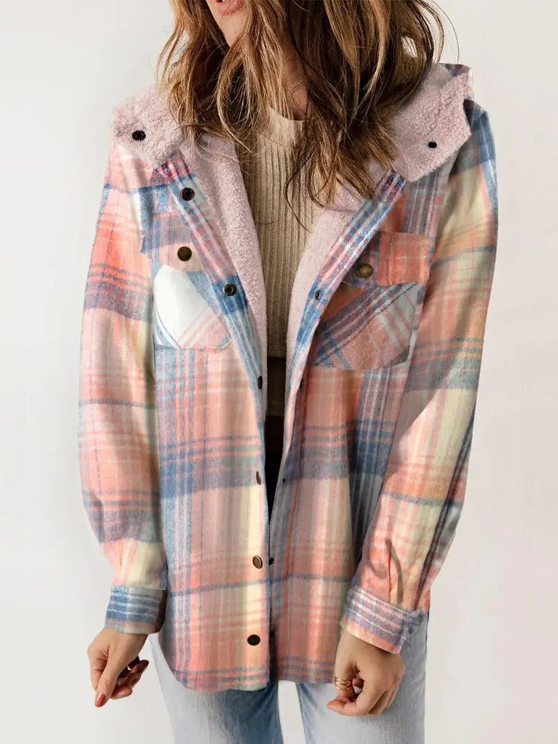 Dames Geruite Winterjas | Met Gevoerde Kap en Knoopsluiting | Warme Casual Winterjas