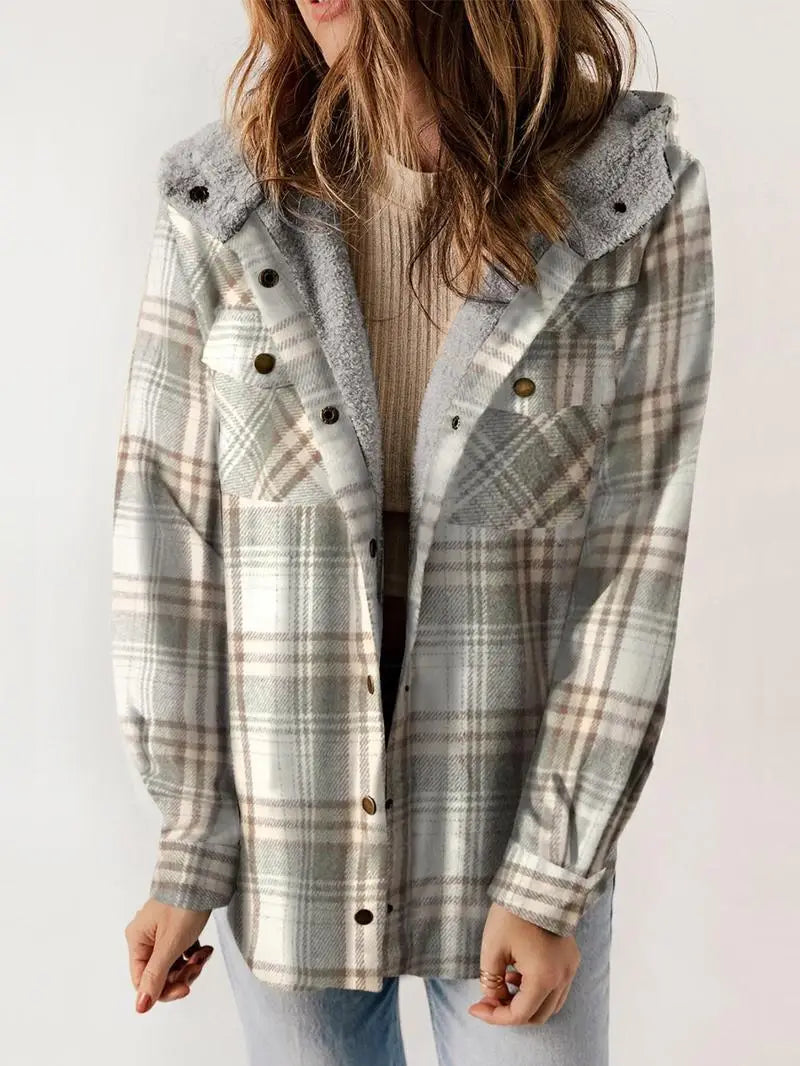 Dames Geruite Winterjas | Met Gevoerde Kap en Knoopsluiting | Warme Casual Winterjas