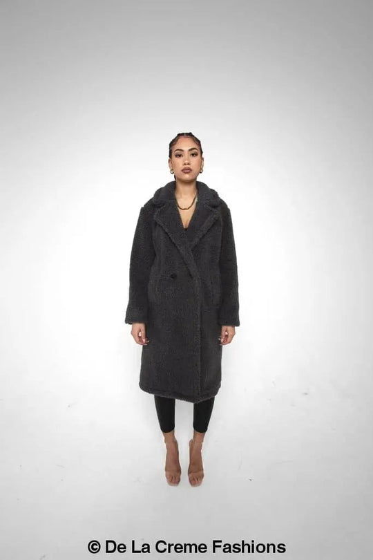 Jackie Dubbelzijdige Borg Teddy Midi Jas | Oversized Pasvorm met Dubbelzijdige Knoopsluiting | Volledig Gevoerd