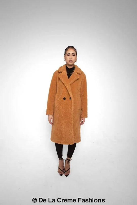Jackie Dubbelzijdige Borg Teddy Midi Jas | Oversized Pasvorm met Dubbelzijdige Knoopsluiting | Volledig Gevoerd