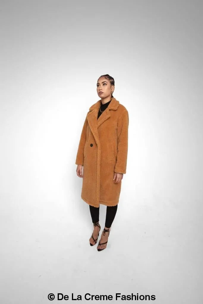 Jackie Dubbelzijdige Borg Teddy Midi Jas | Oversized Pasvorm met Dubbelzijdige Knoopsluiting | Volledig Gevoerd