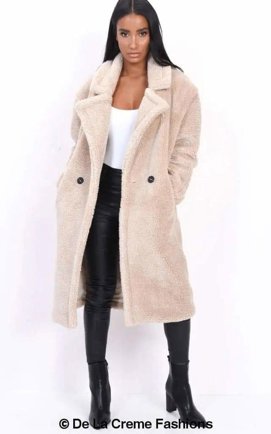 Jackie Dubbelzijdige Borg Teddy Midi Jas | Oversized Pasvorm met Dubbelzijdige Knoopsluiting | Volledig Gevoerd