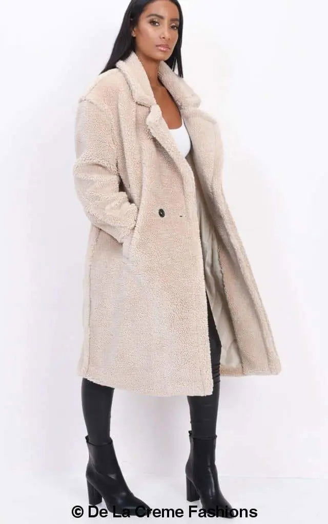Jackie Dubbelzijdige Borg Teddy Midi Jas | Oversized Pasvorm met Dubbelzijdige Knoopsluiting | Volledig Gevoerd