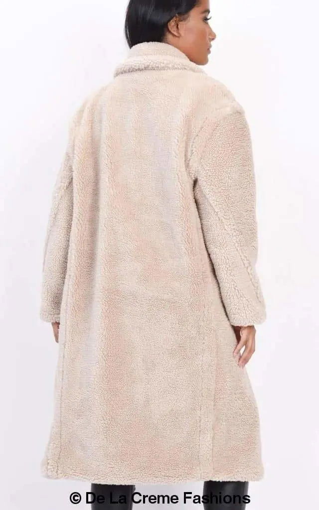 Jackie Dubbelzijdige Borg Teddy Midi Jas | Oversized Pasvorm met Dubbelzijdige Knoopsluiting | Volledig Gevoerd
